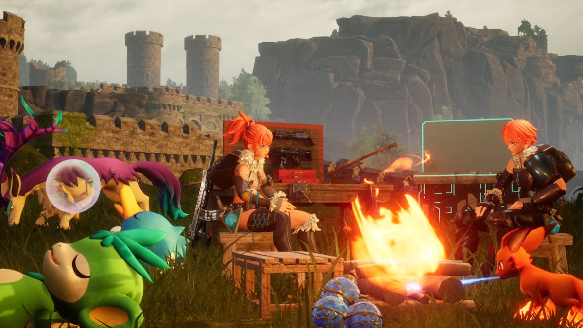 Characters sat around a campfire in Palworld.
