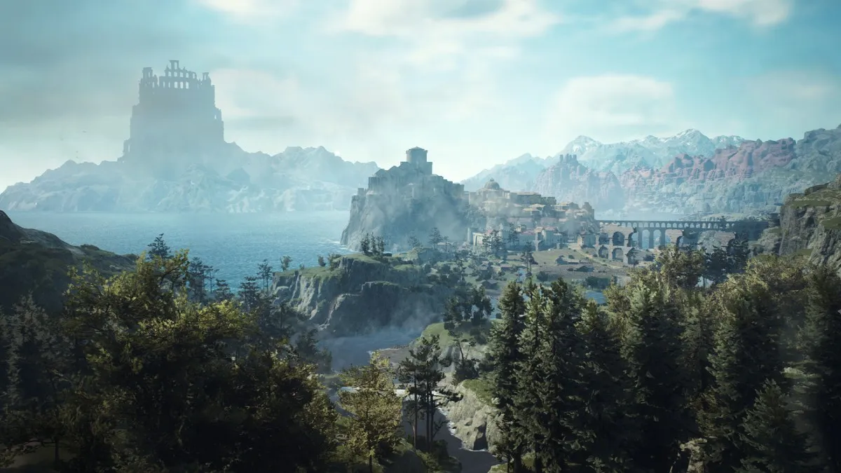 A horizon showing destroyed buildings in Dragon's Dogma 2.