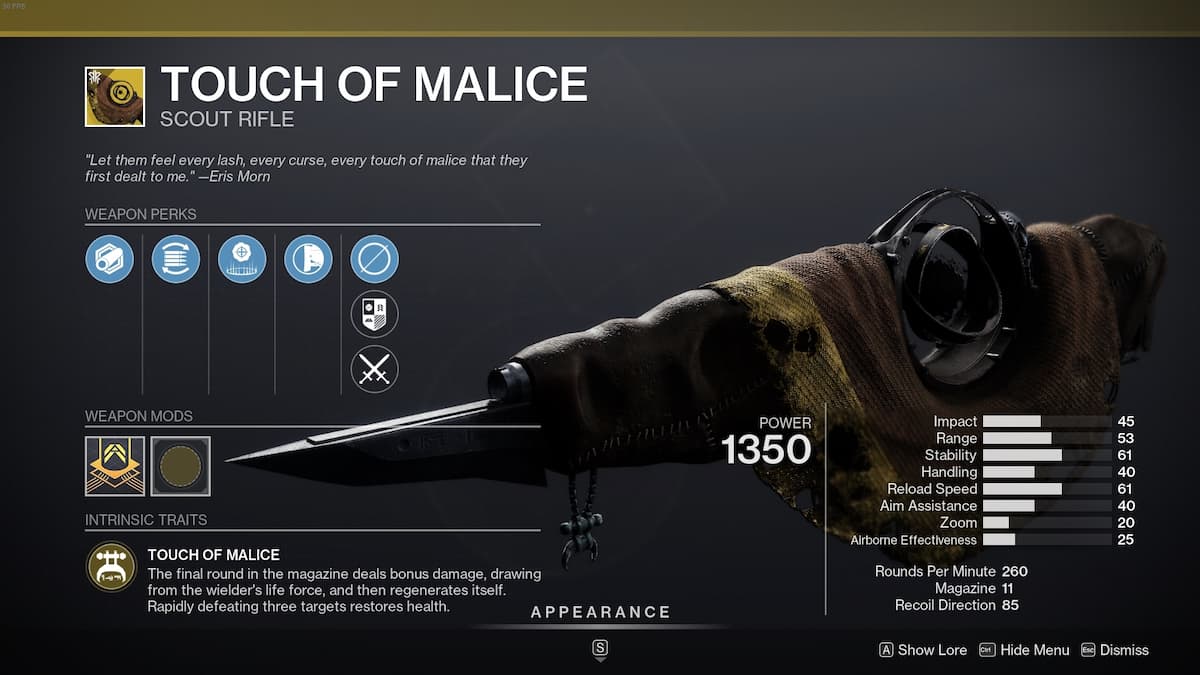 Touch of Malice API page