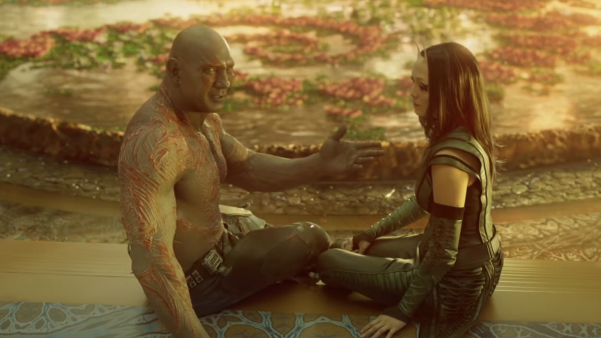 Dave Bautista as Drax and Pom Klementieff as Mantis in Guardians of the Galaxy vol. 2