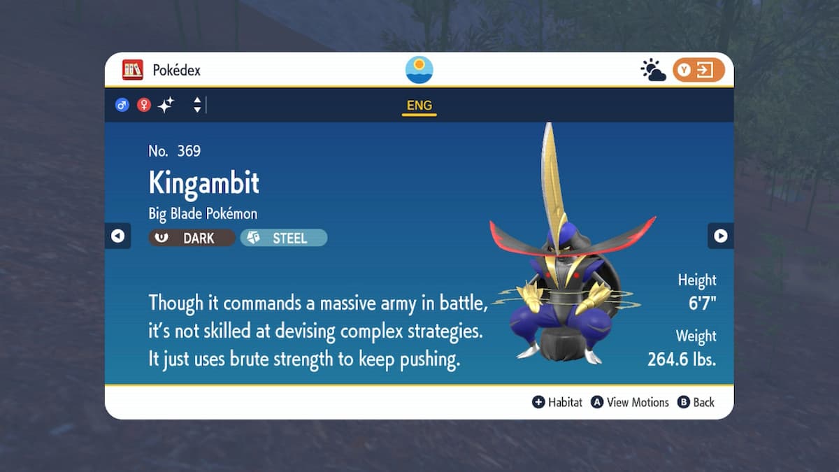 Kingambit in the Pokemon Scarlet and Violet Pokedex.