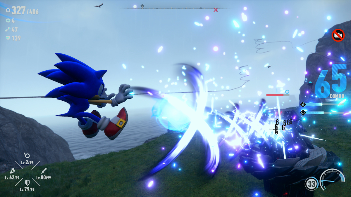 Sonic attacks an enemy with the Cross Slash skill.
