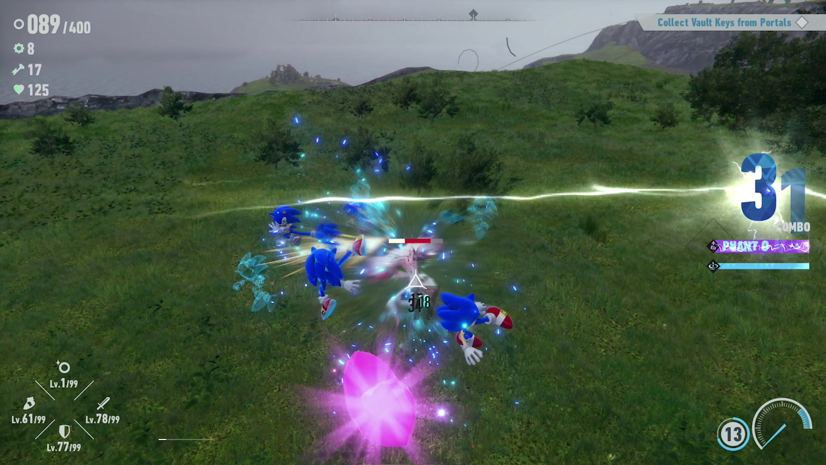 Sonic attacking an enemy while Phantom Rush is activated in Sonic Frontiers.