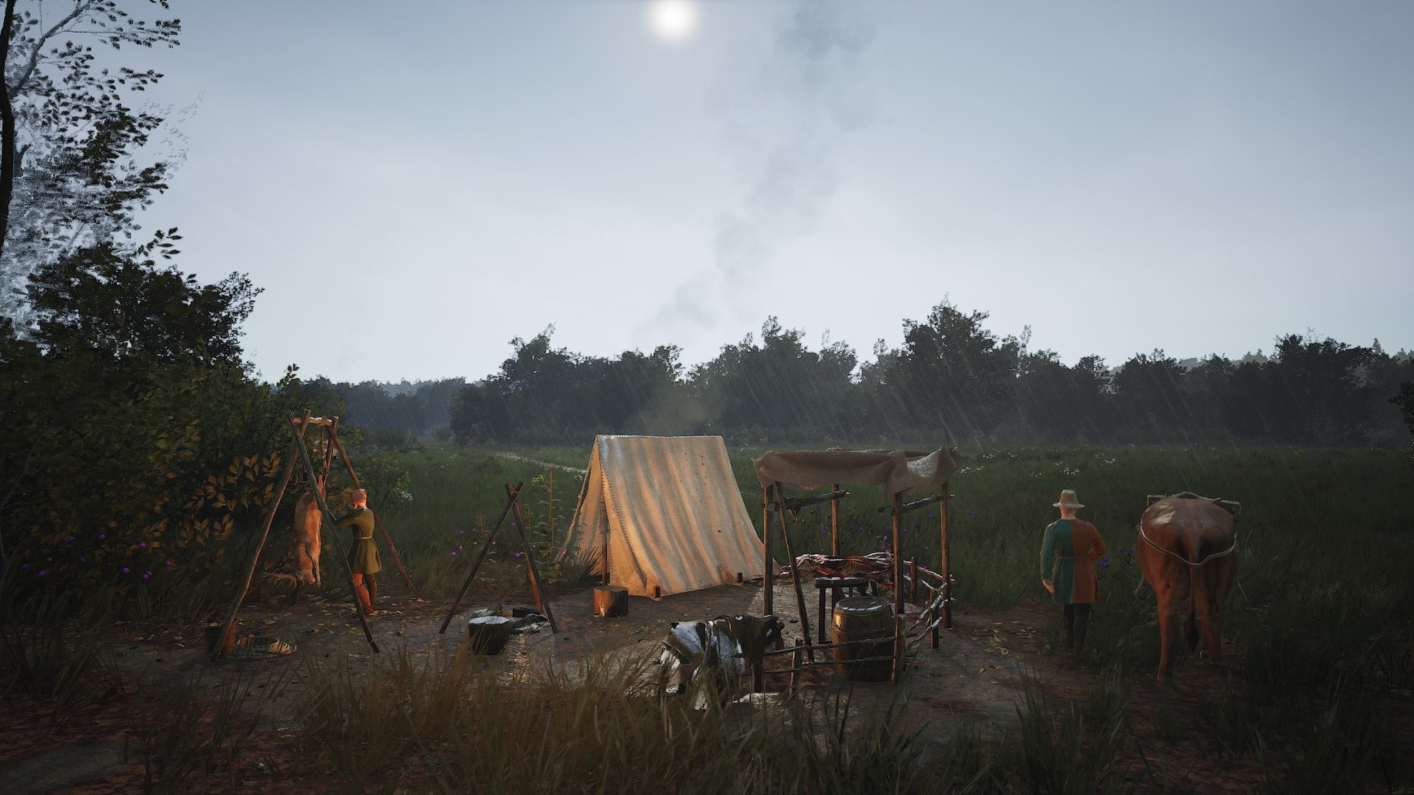 How to Fix No Underground Water Issue in Manor Lords - a tent in the middle of the forest with a campfire and people around it